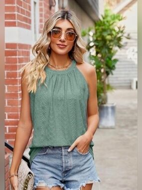 Mettclasi Women's Eyelet Halter Tank, Pleated Sleeveless Top In Large NWT